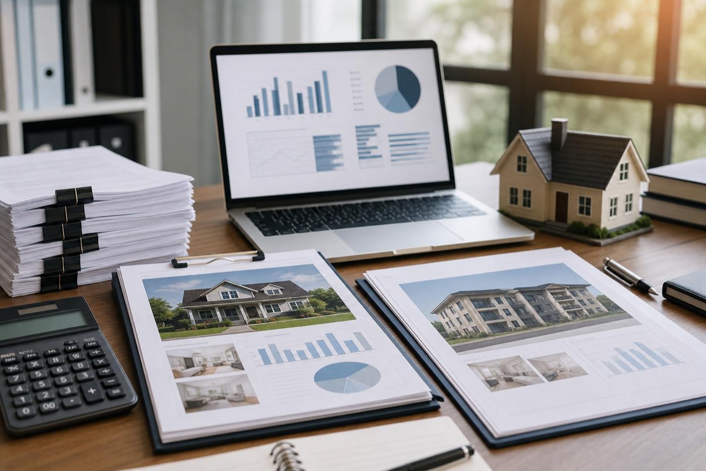 Loan documents and property analysis materials on a desk