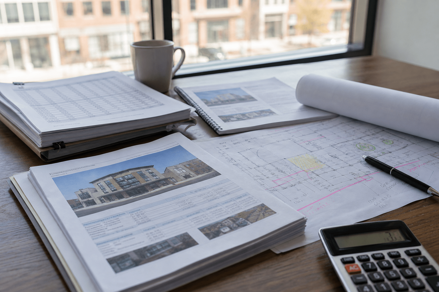 Rent roll, appraisal notes, and property plans prepared for commercial real estate underwriting.