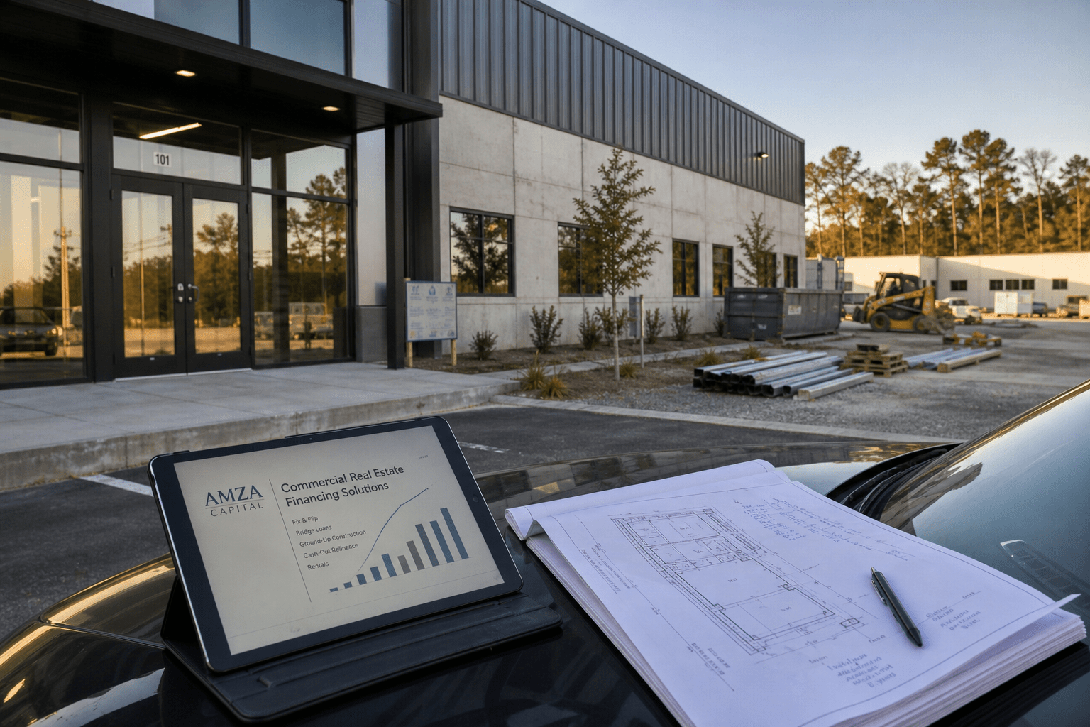 A commercial property exterior with site plans and investor review materials for a transitional financing request.