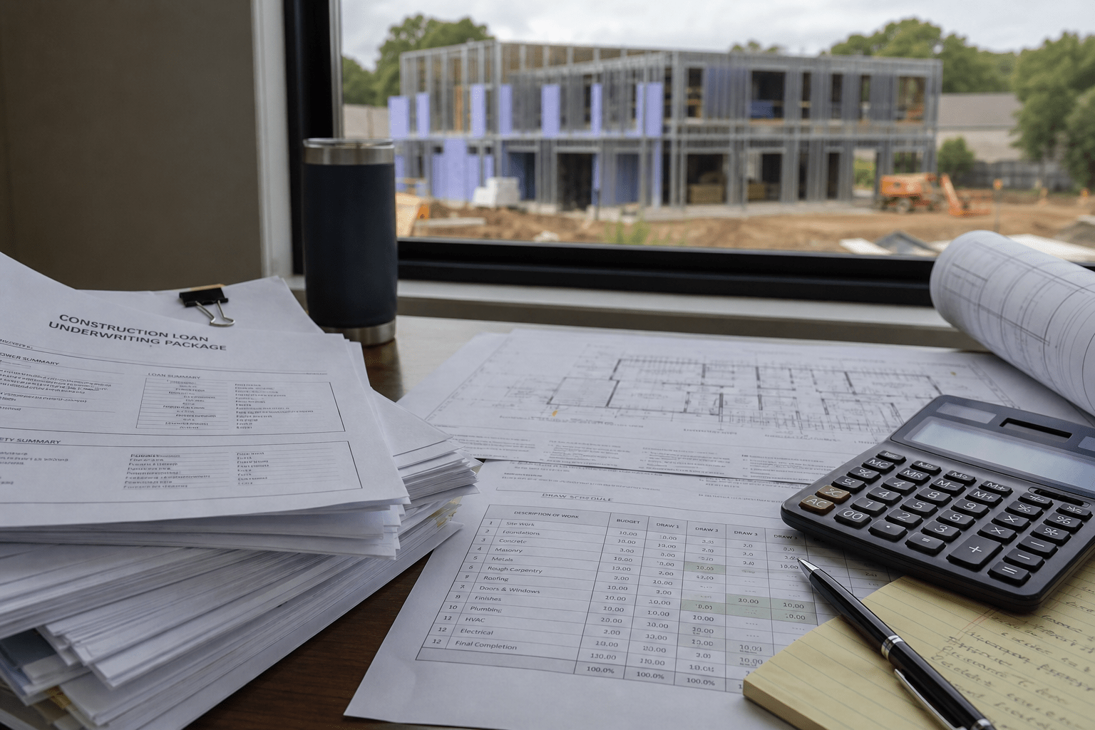 Construction loan documents, architectural drawings, draw schedule, and calculator prepared for underwriting.