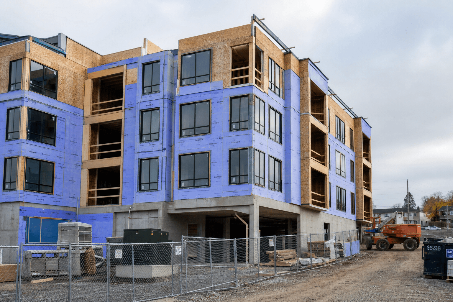 Partially completed small multifamily or mixed-use construction project during the build phase.