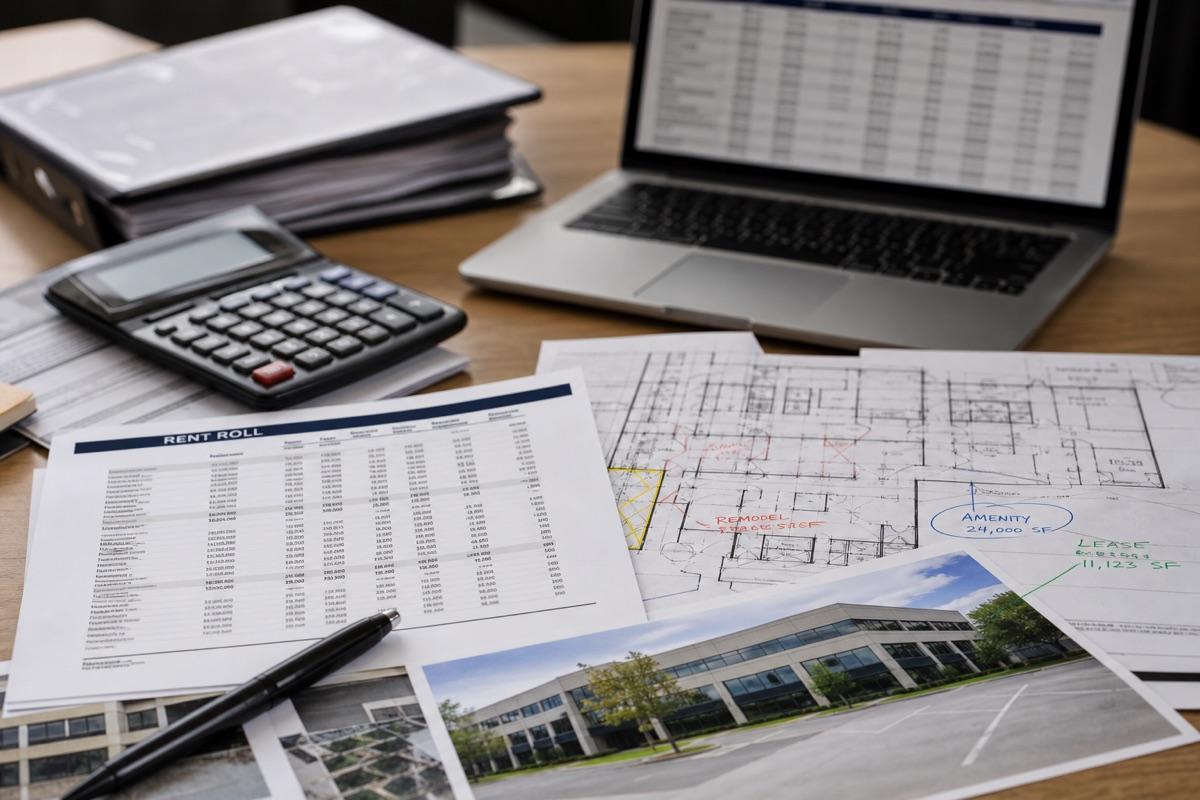 Commercial real estate rent roll, property photos, plans, and loan documents prepared for underwriting.