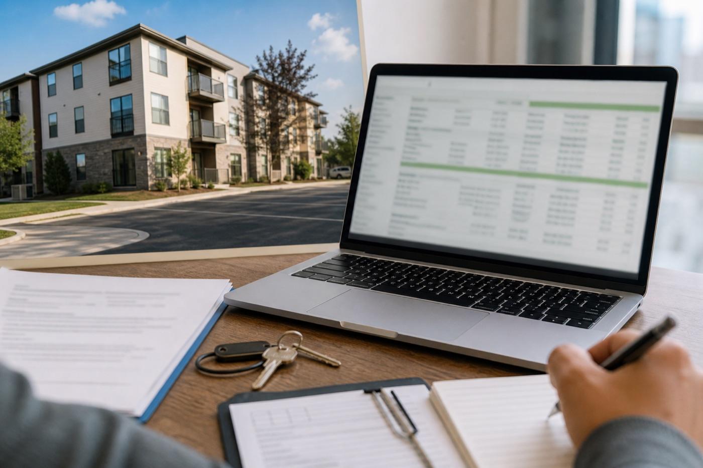 Laptop spreadsheet, apartment photo, keys, and loan documents for a rental property financing review.