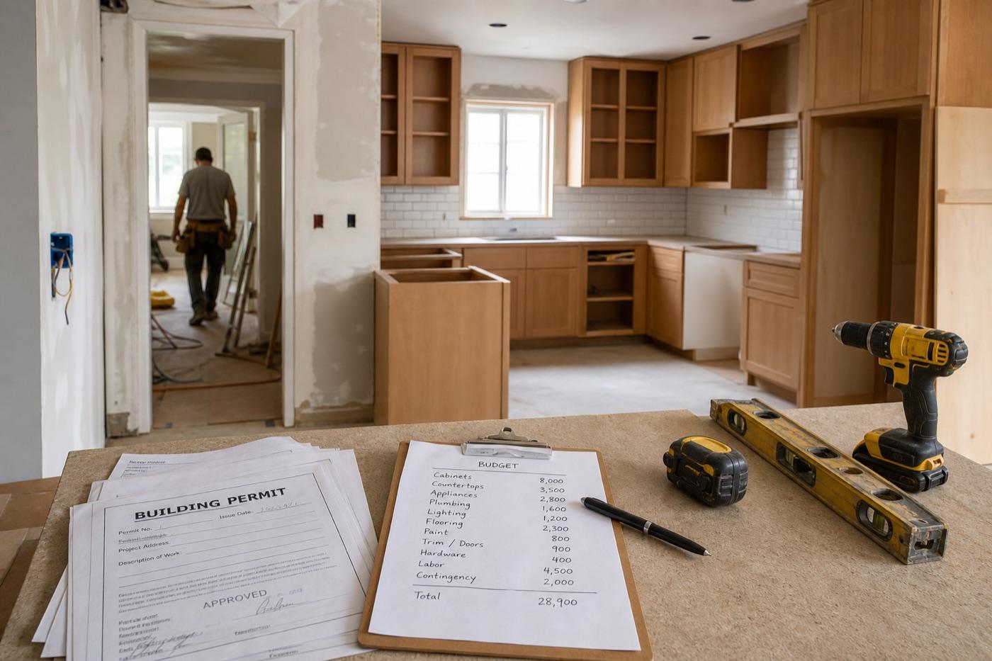Partly renovated kitchen with tools, building permit documents, and a rehab budget clipboard in the foreground.