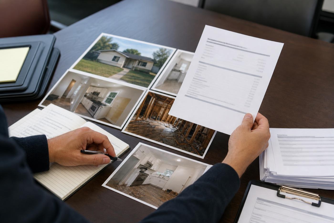 Investor reviewing property photos, repair notes, and financing paperwork for a fix-and-flip project.