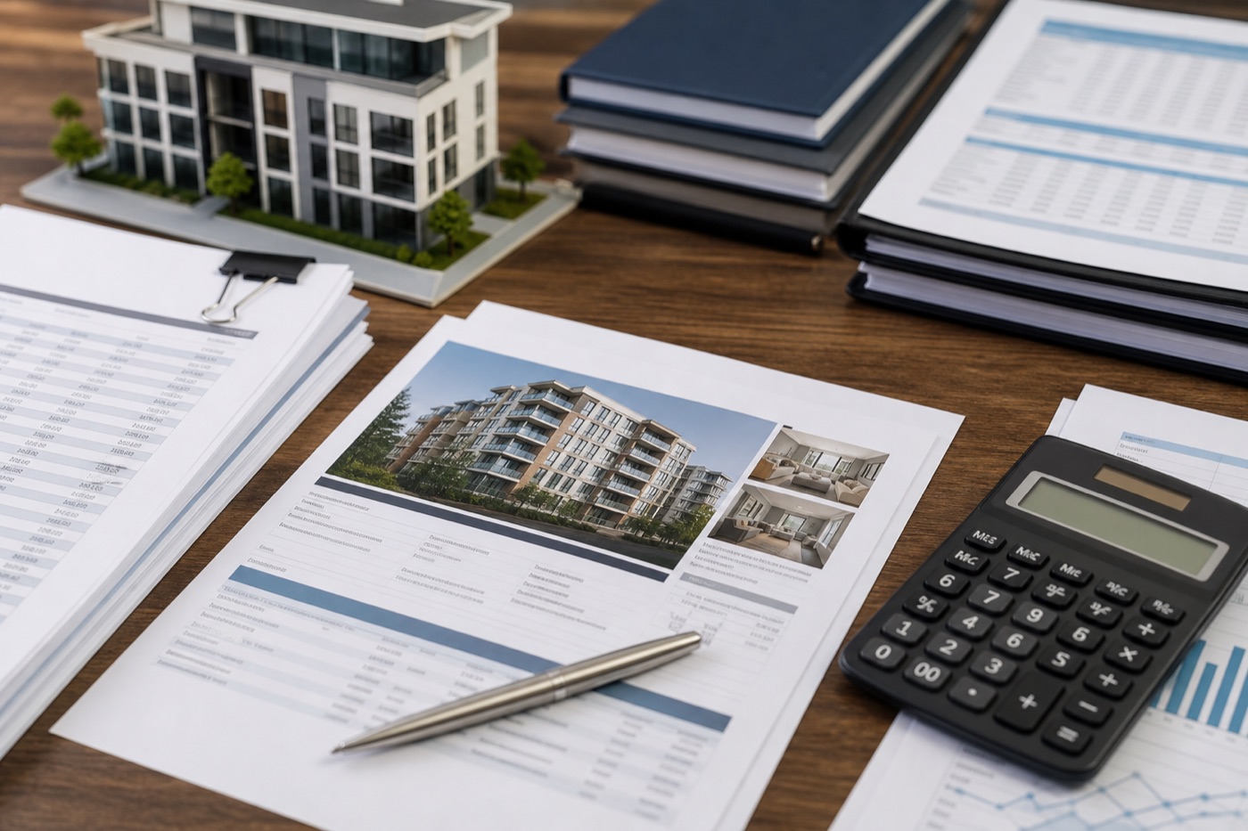 Commercial real estate loan documents, property appraisal report, and calculator on a professional desk