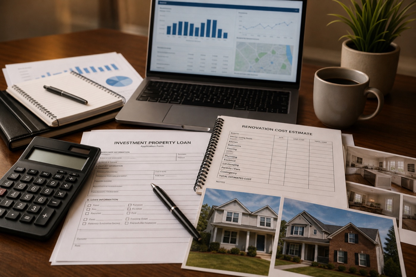 Desk with loan application forms, renovation cost estimates, laptop, and calculator