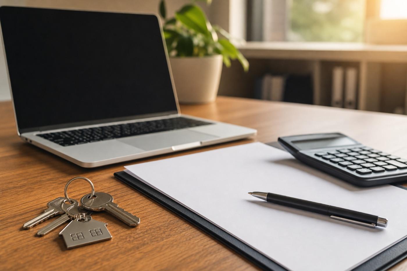 Desk with keys calculator and blank paperwork for real estate financing review