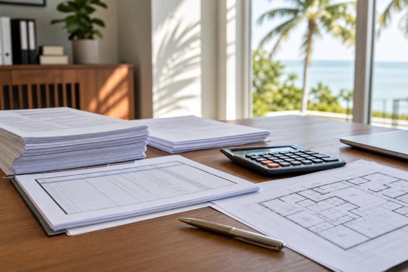 Loan documents, calculator, and renovation plans on a desk for a Florida investment property