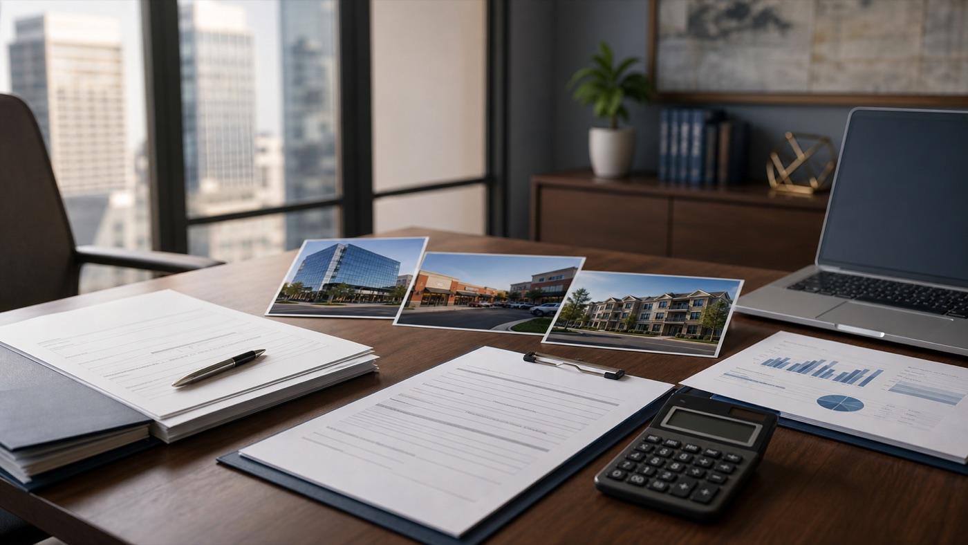 Loan documents, calculator, and property photos prepared for lender review