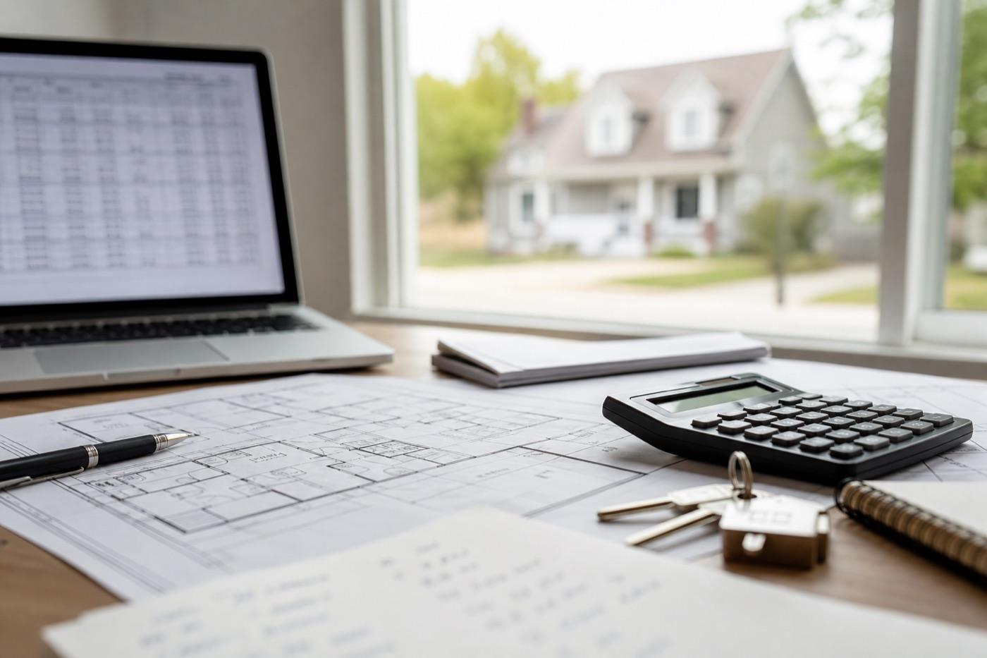 Calculator, floor plan, keys, and blurred loan spreadsheet for an Ohio rehab project