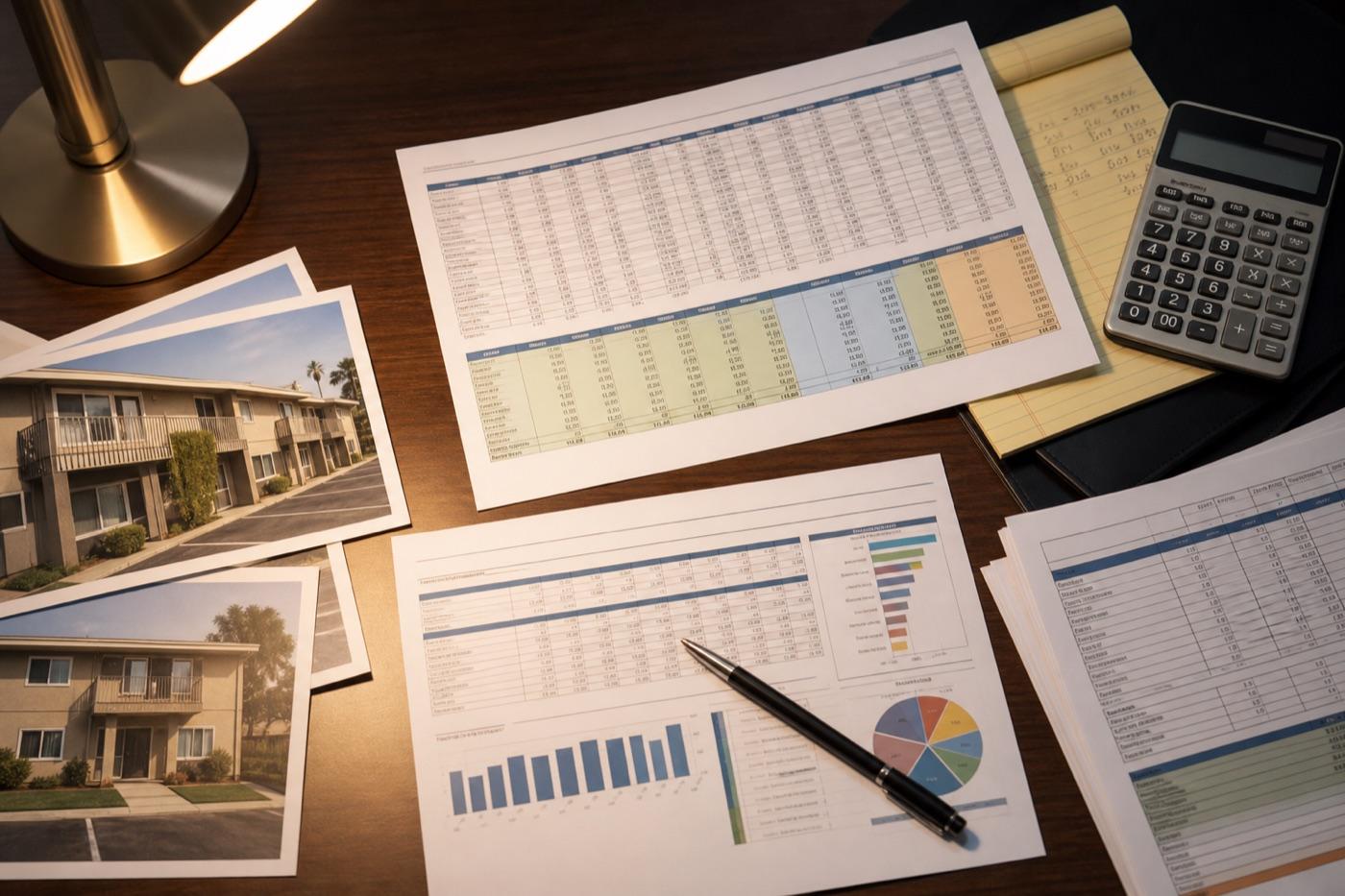 Desk with rental property financial documents, spreadsheets with rent roll data, calculator, and property photos
