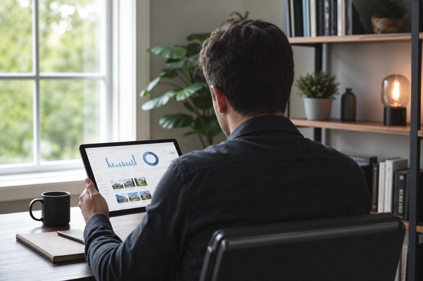 Real estate investor seated at a desk reviewing rental property market data and financial charts on a tablet