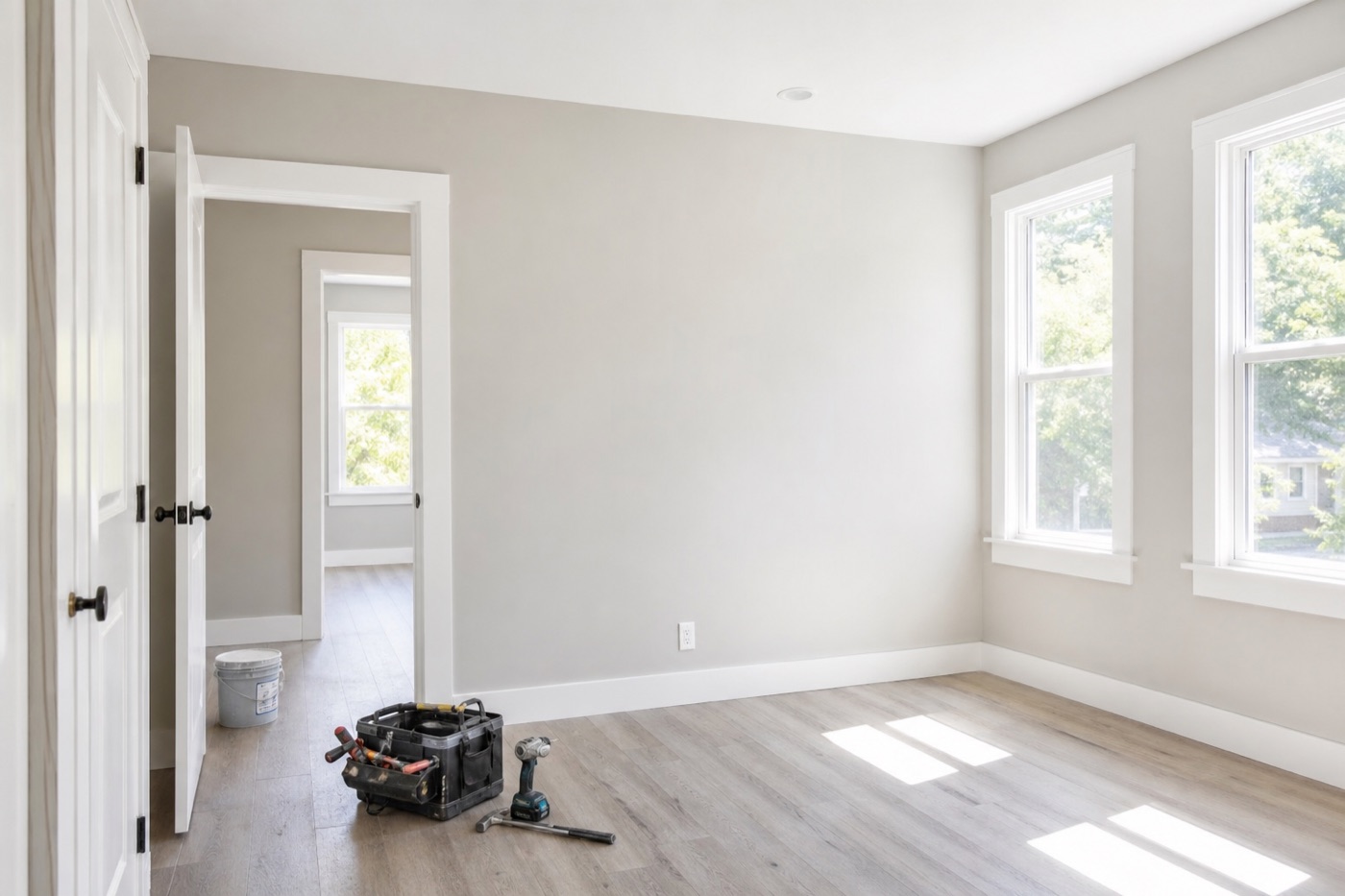 Renovated rental property interior with tools on the floor