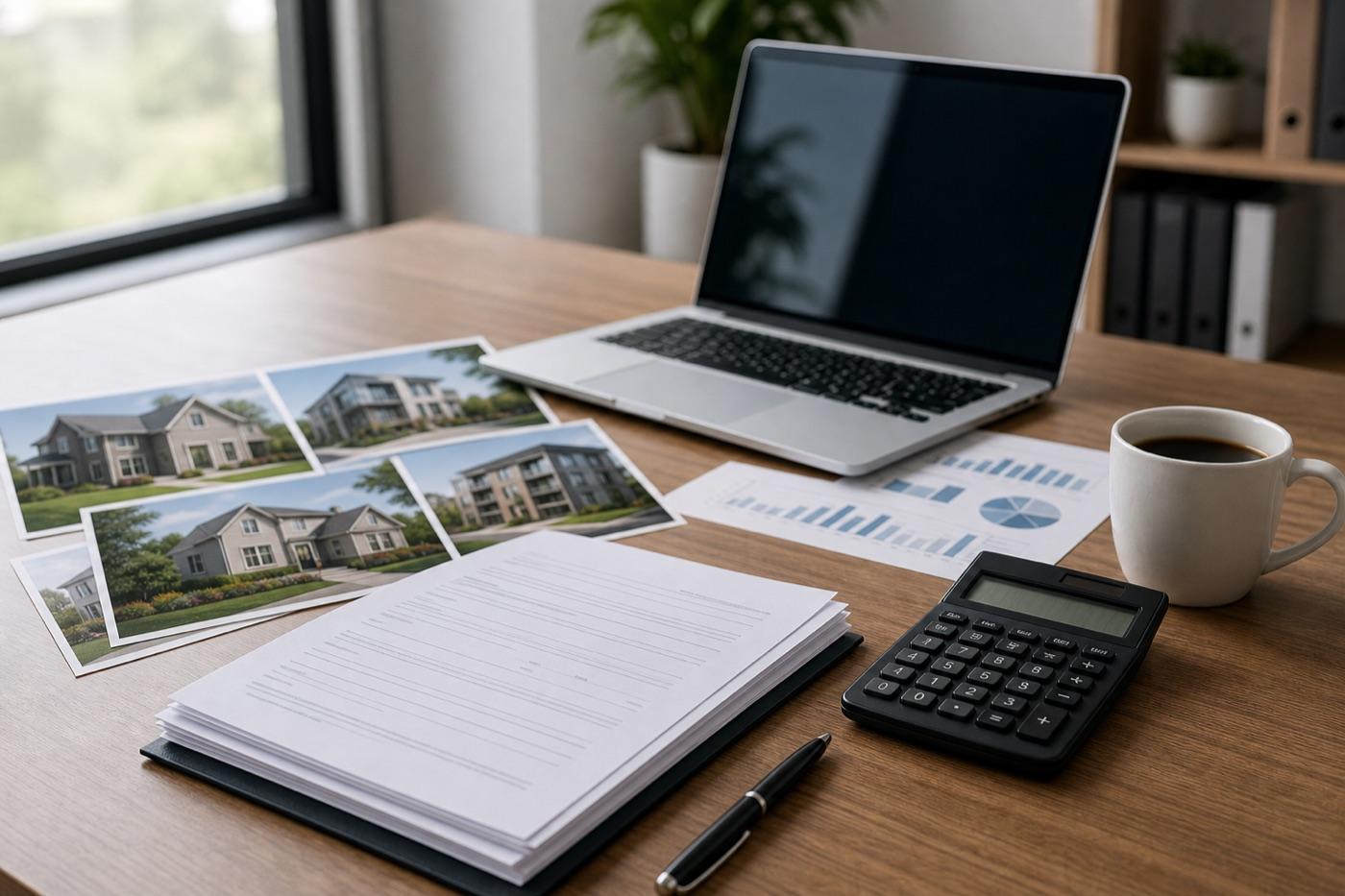 Loan documents, calculator, and property photos prepared for lender review
