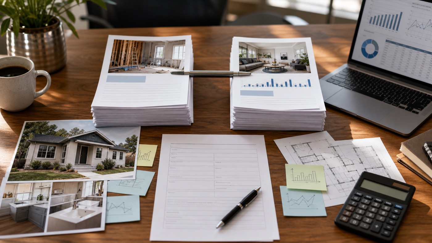 Loan documents, calculator, and property photos prepared for lender review