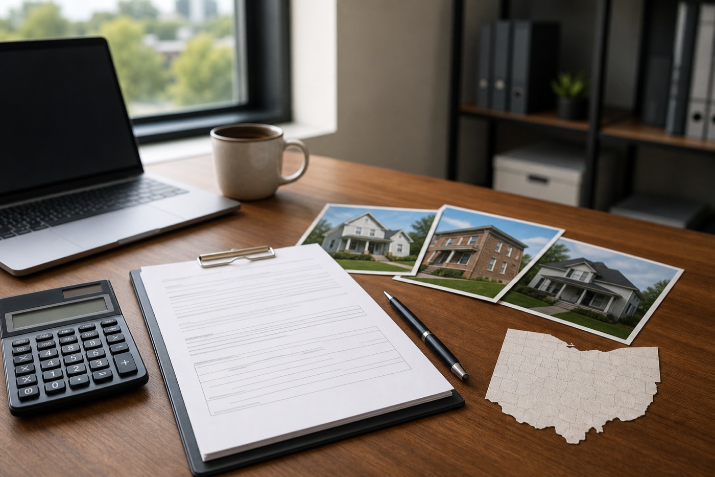 Loan documents, calculator, and property photos prepared for lender review