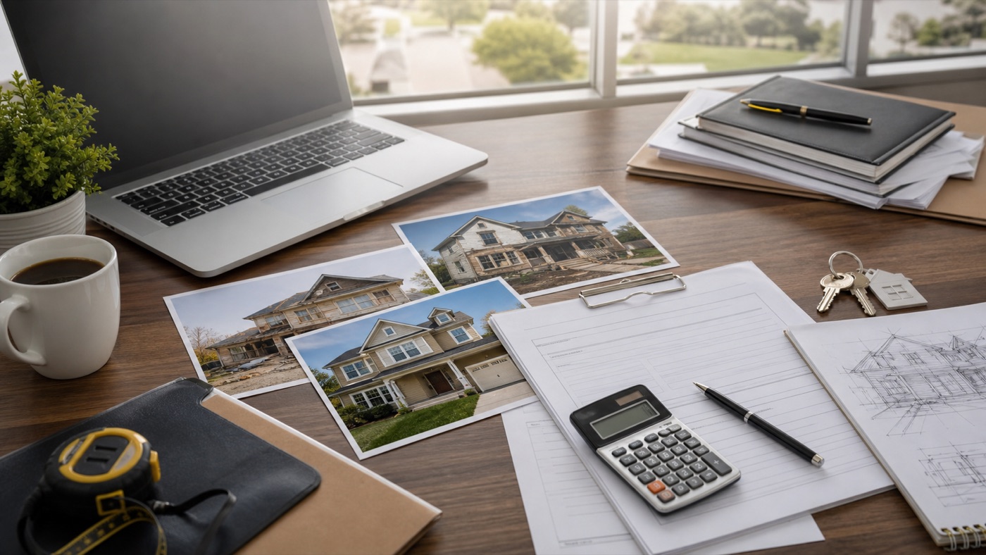 Loan documents, calculator, and property photos prepared for lender review