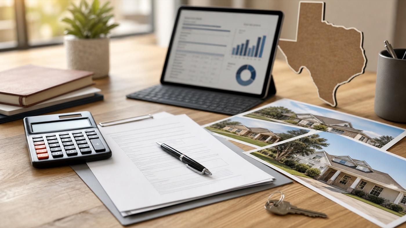 Loan documents, calculator, and property photos prepared for lender review