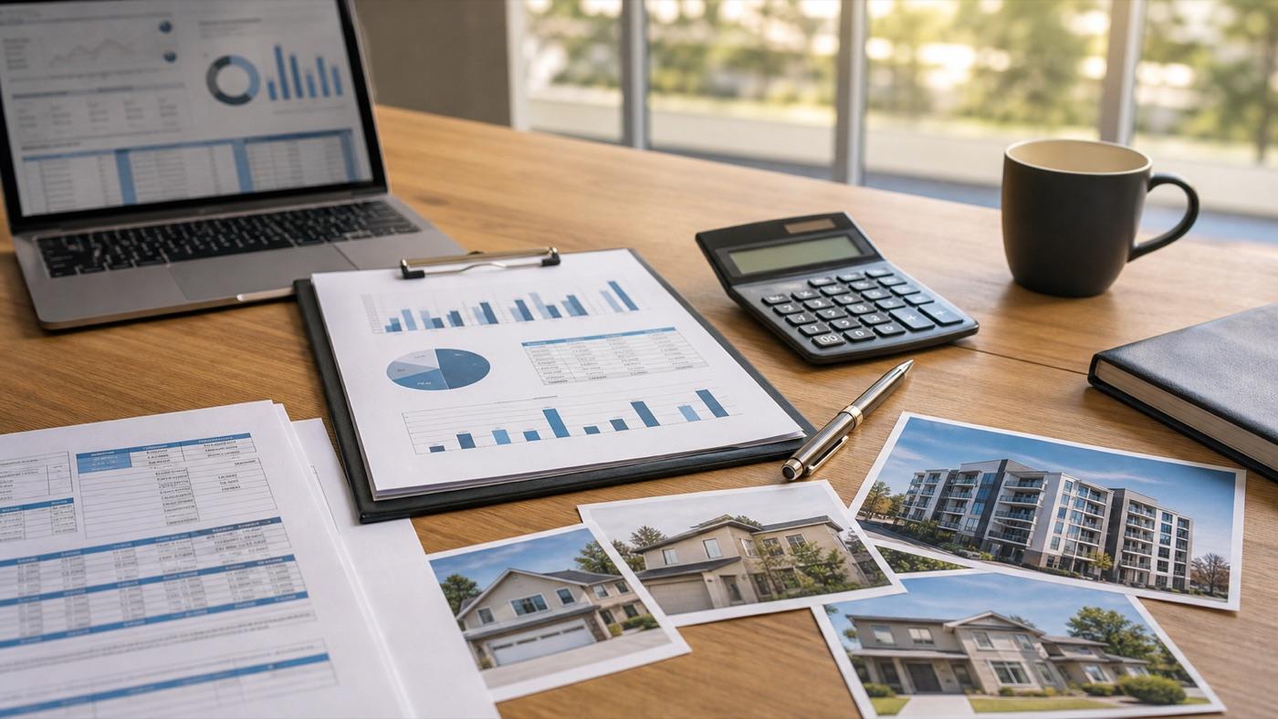 Loan documents, calculator, and property photos prepared for lender review