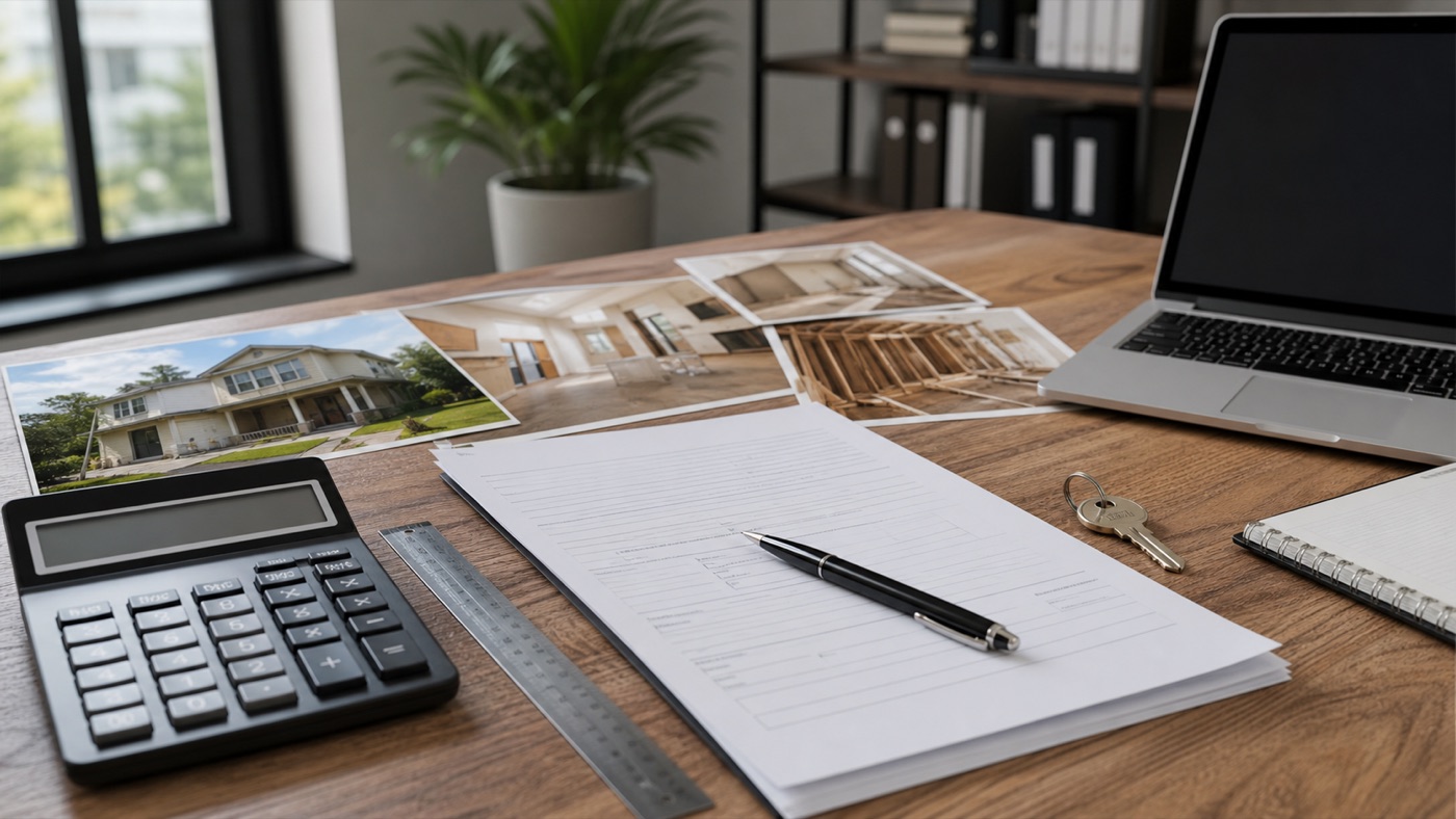Loan documents, calculator, and property photos prepared for lender review