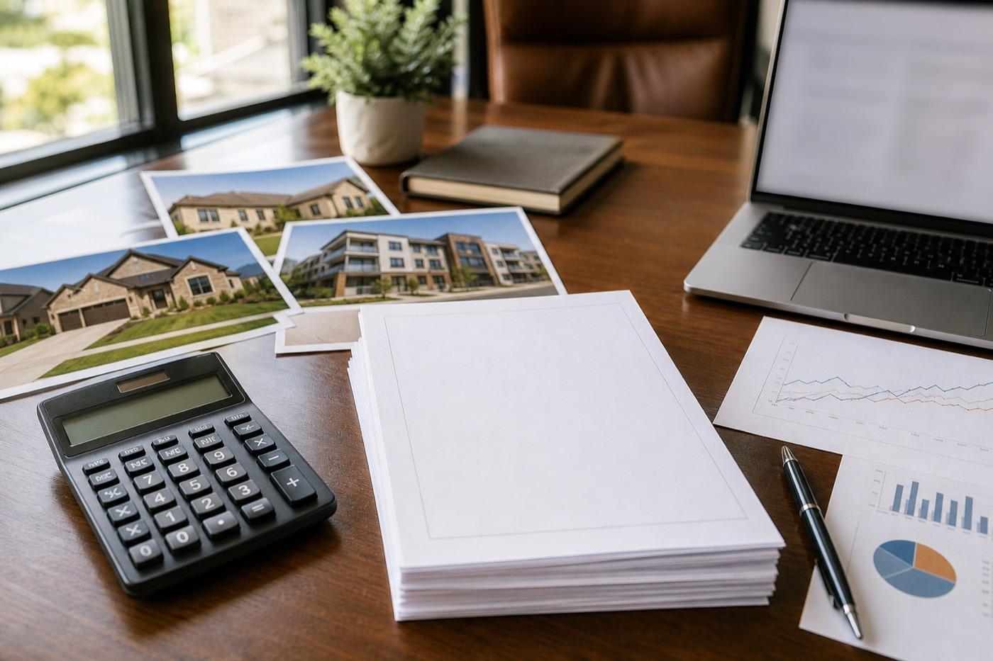 Loan documents, calculator, and property photos prepared for lender review