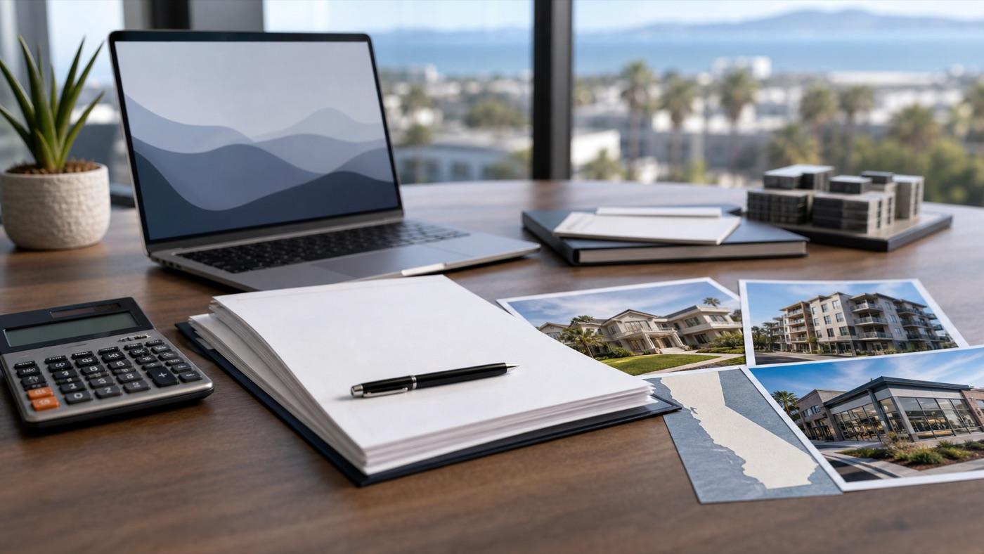 Loan documents, calculator, and property photos prepared for lender review