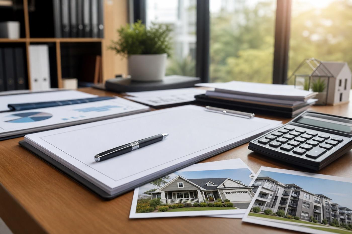 Loan documents, calculator, and property photos prepared for lender review