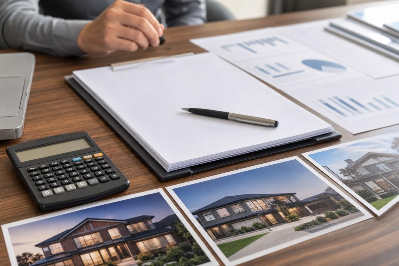 Loan documents, calculator, and property photos prepared for lender review
