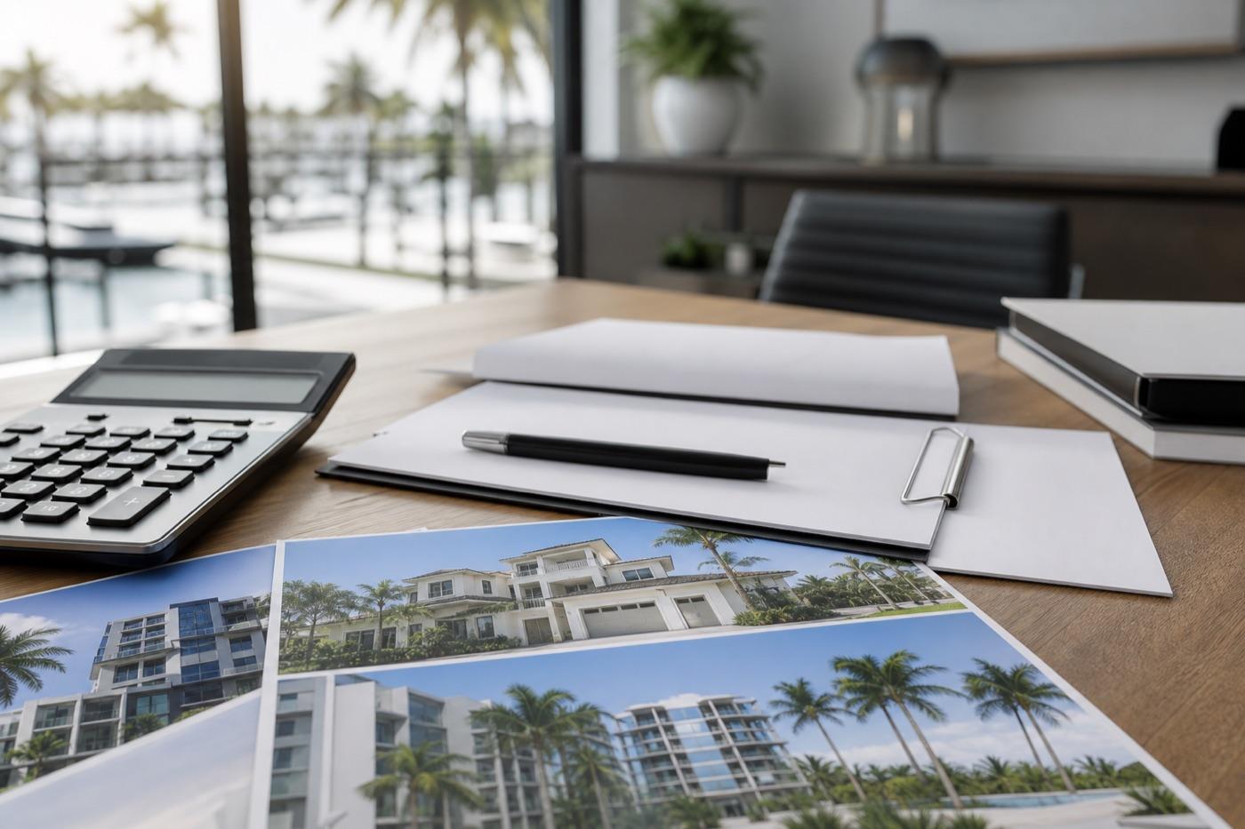 Loan documents, calculator, and property photos prepared for lender review