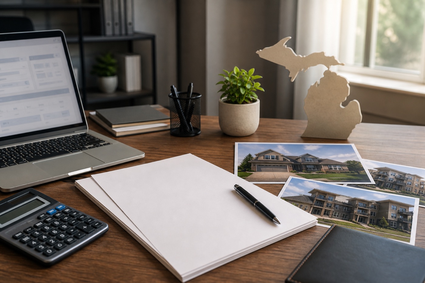 Loan documents, calculator, and property photos prepared for lender review