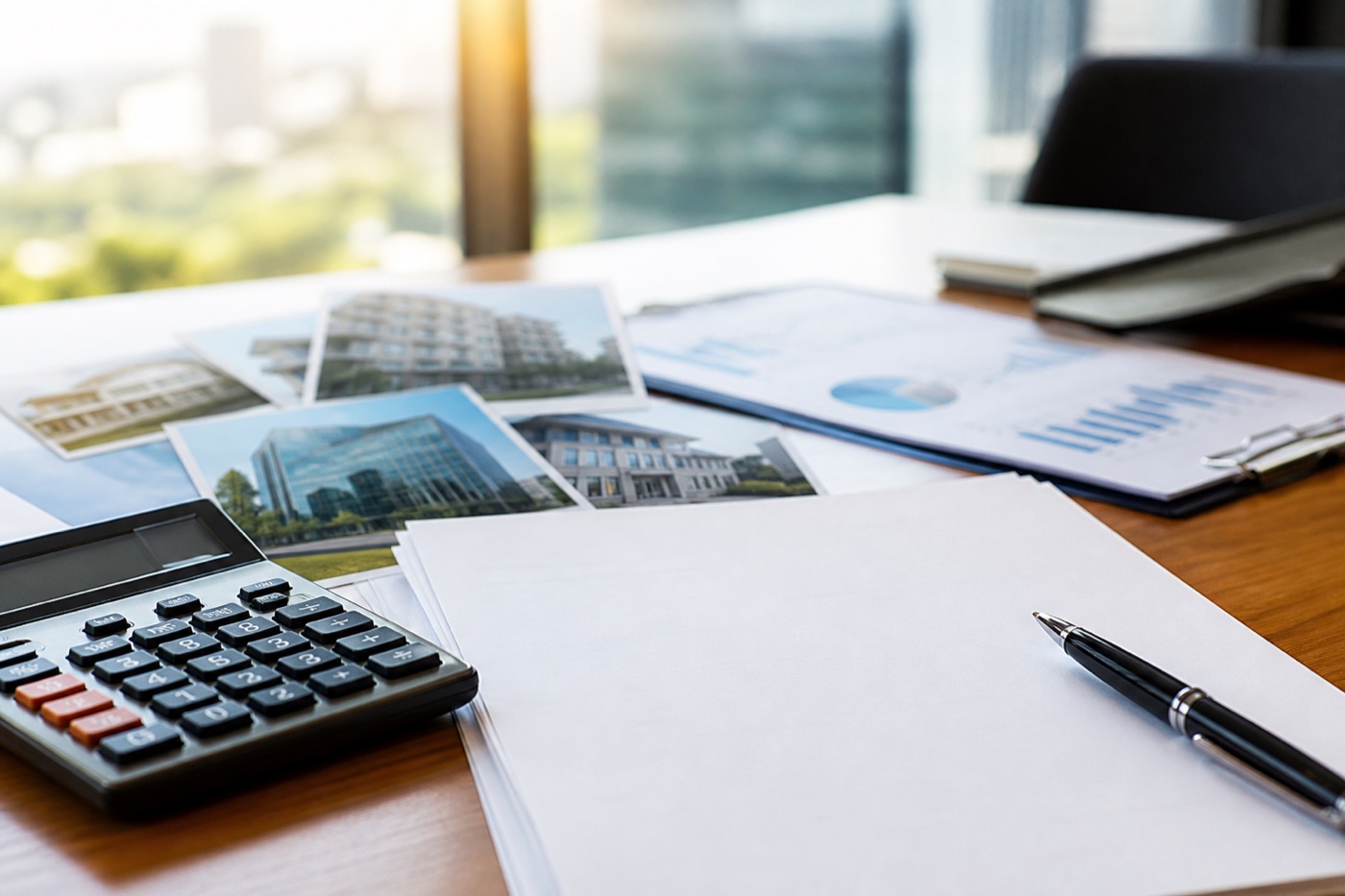 Loan documents, calculator, and property photos prepared for lender review