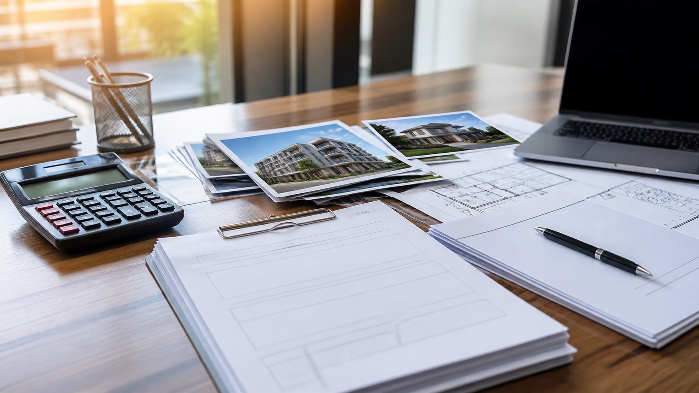 Loan documents, calculator, and property photos prepared for lender review