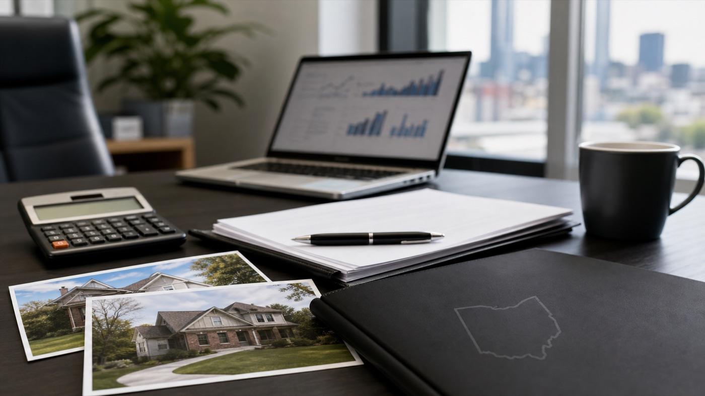 Loan documents, calculator, and property photos prepared for lender review