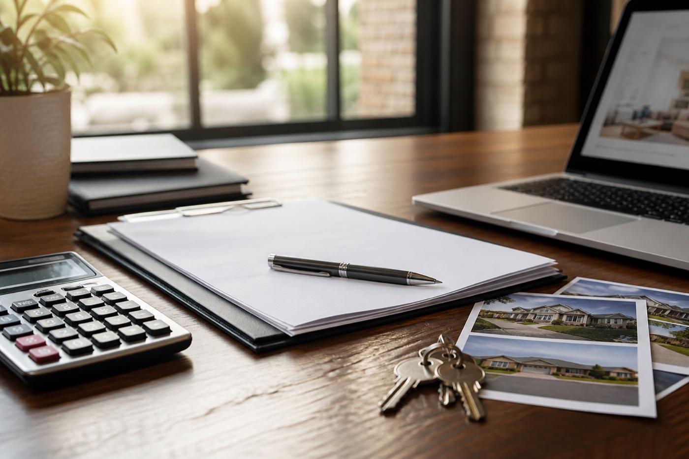 Loan documents, calculator, and property photos prepared for lender review