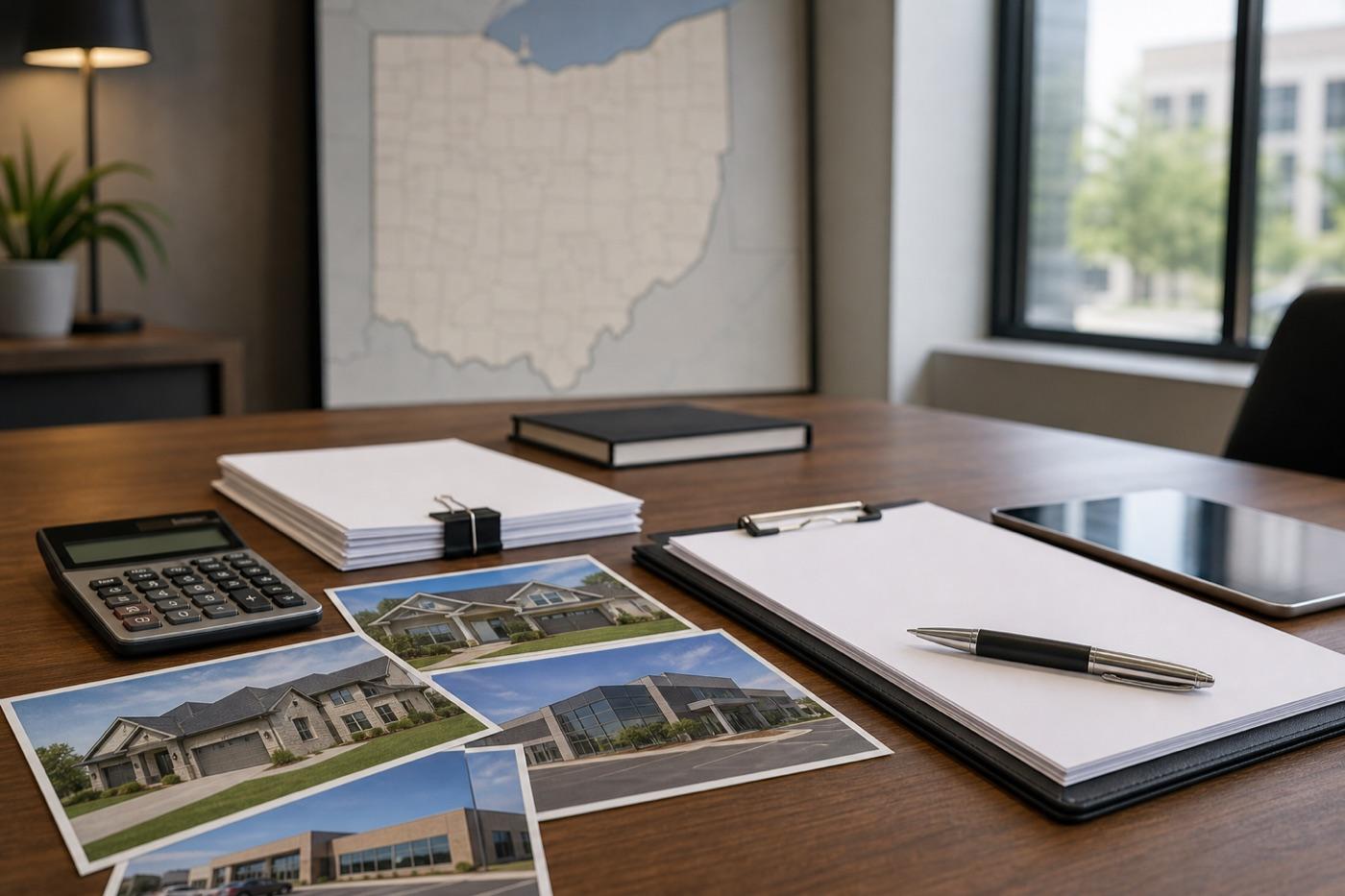 Loan documents, calculator, and property photos prepared for lender review