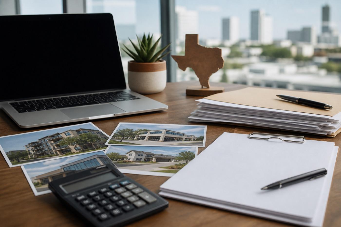 Loan documents, calculator, and property photos prepared for lender review