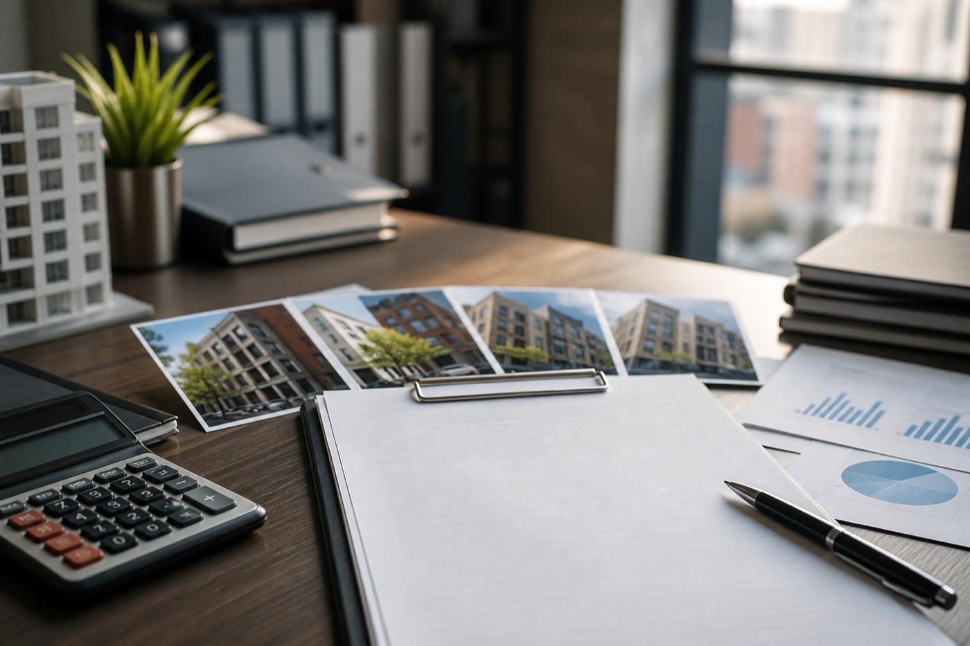 Loan documents, calculator, and property photos prepared for lender review