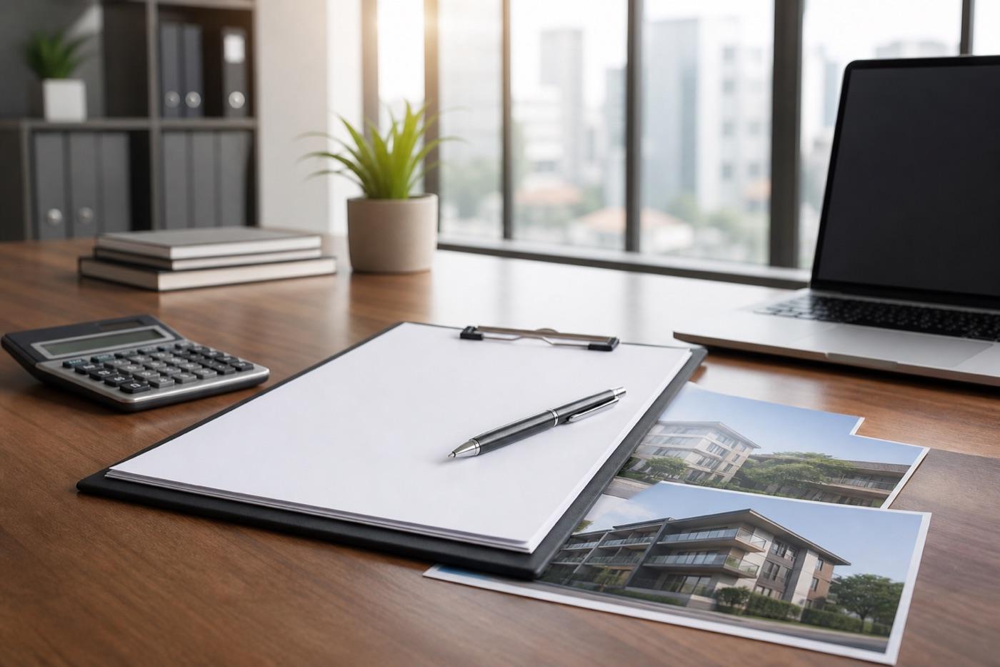 Loan documents, calculator, and property photos prepared for lender review