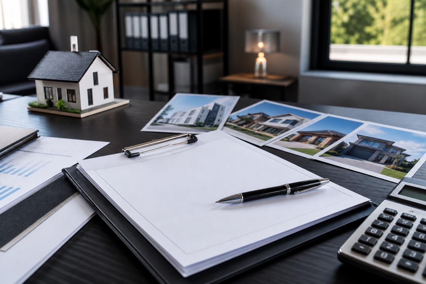 Loan documents, calculator, and property photos prepared for lender review