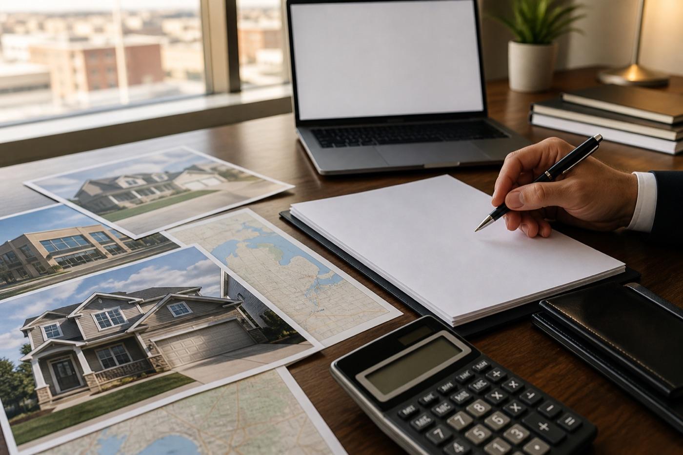 Loan documents, calculator, and property photos prepared for lender review