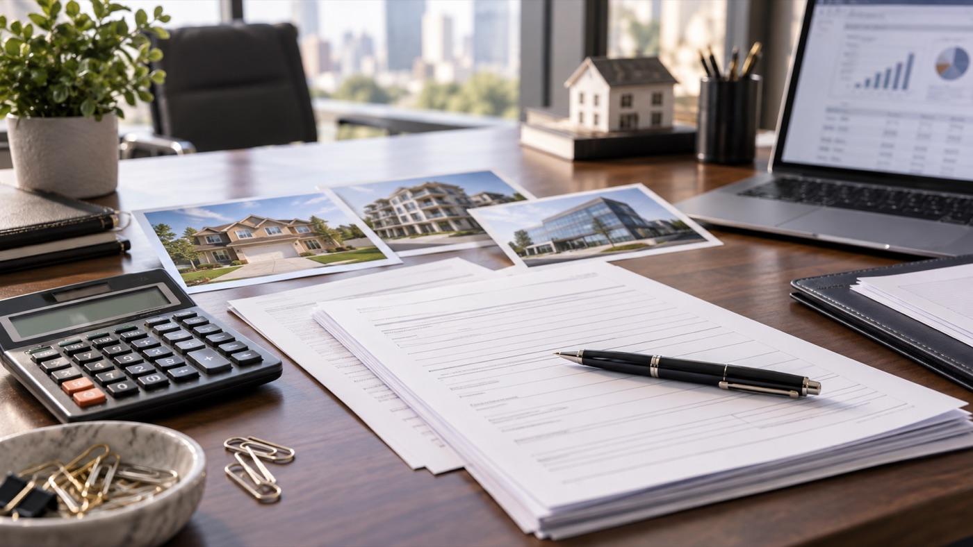 Loan documents, calculator, and property photos prepared for lender review