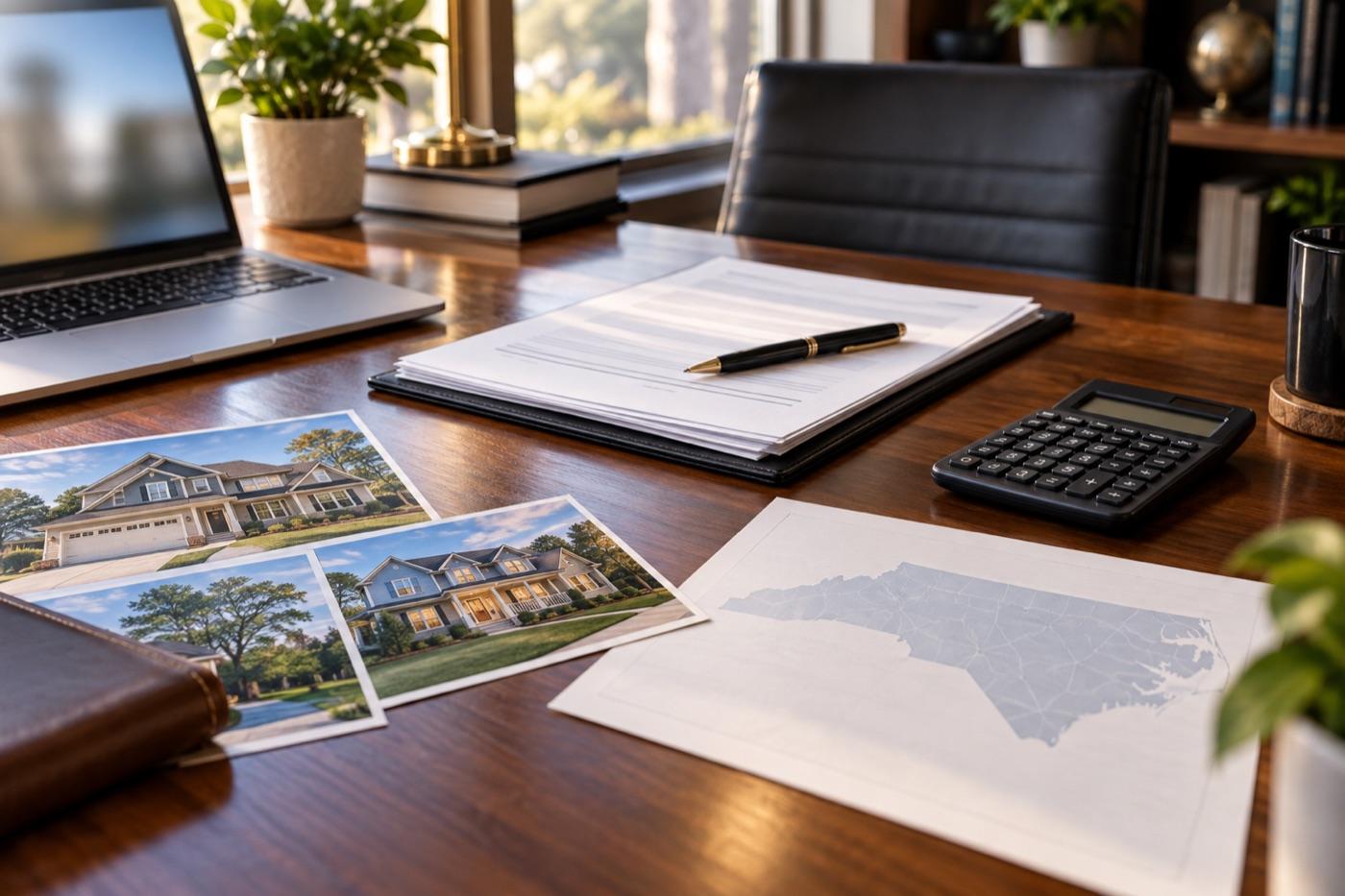 Loan documents, calculator, and property photos prepared for lender review