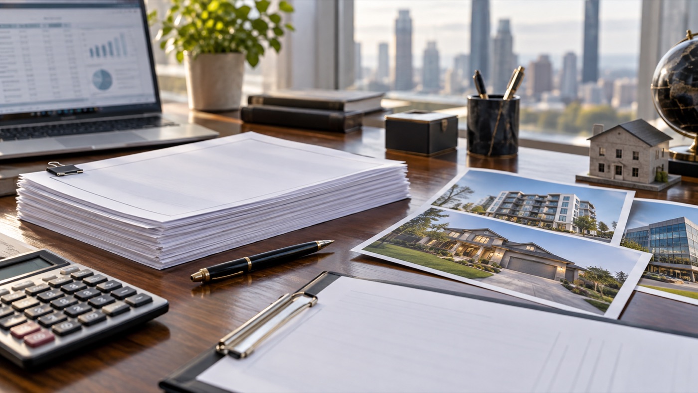 Loan documents, calculator, and property photos prepared for lender review