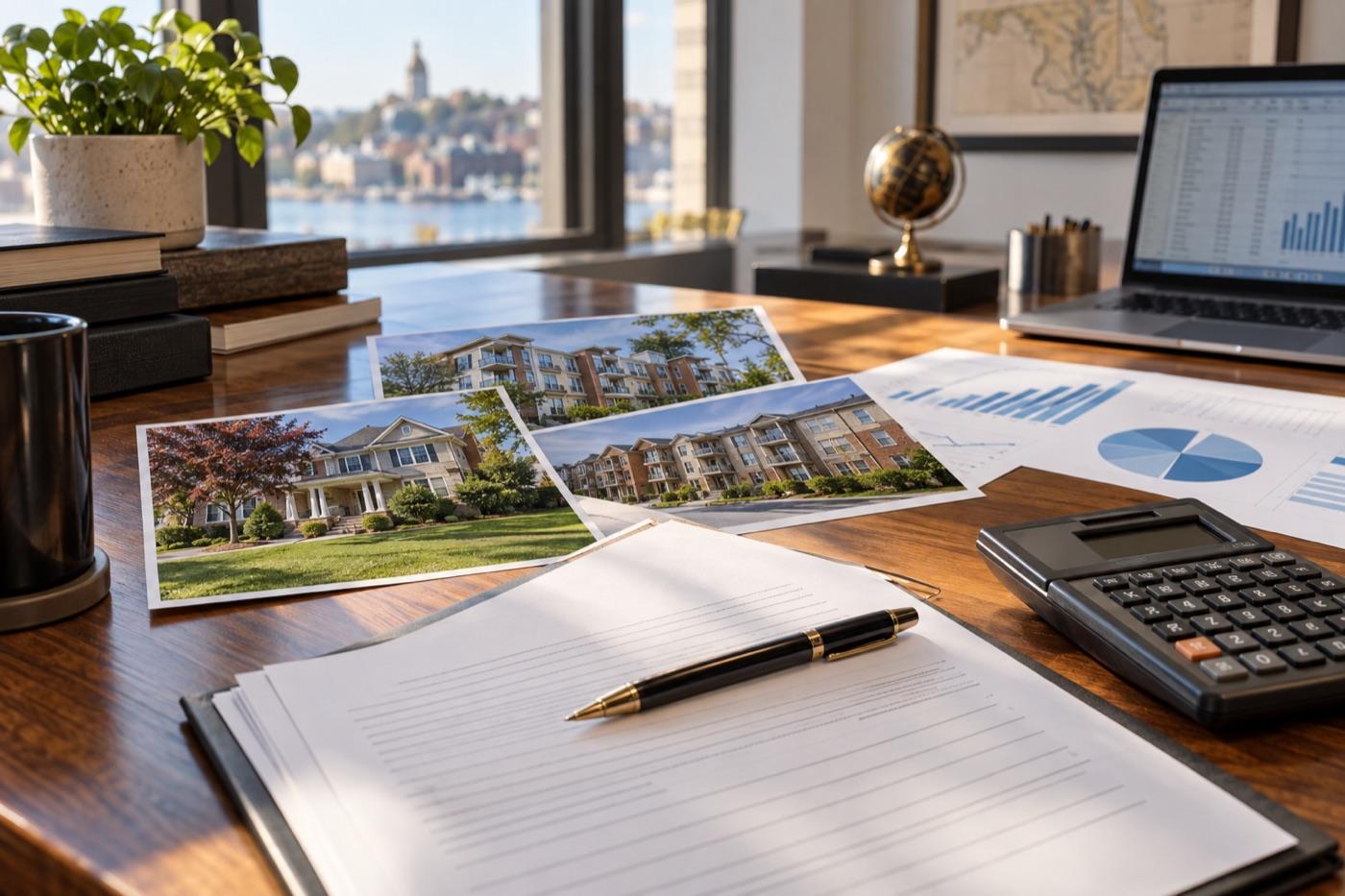 Loan documents, calculator, and property photos prepared for lender review