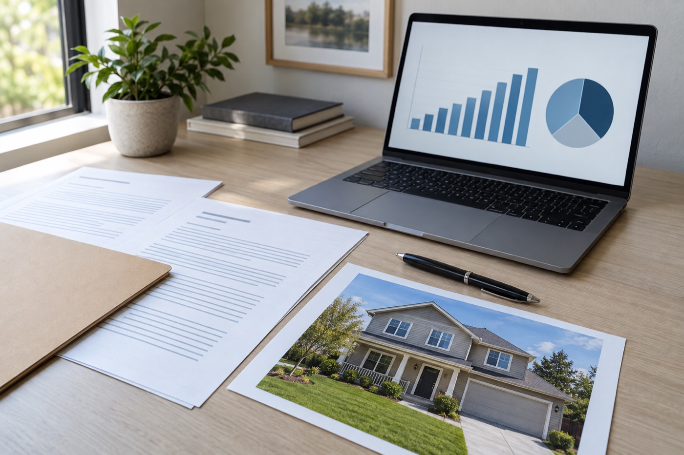 Loan documents, calculator, and property photos prepared for lender review