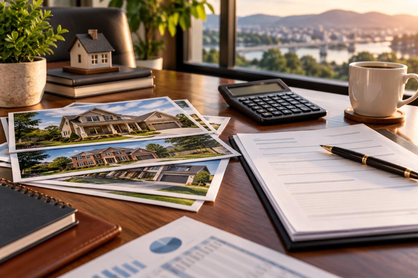 Loan documents, calculator, and property photos prepared for lender review