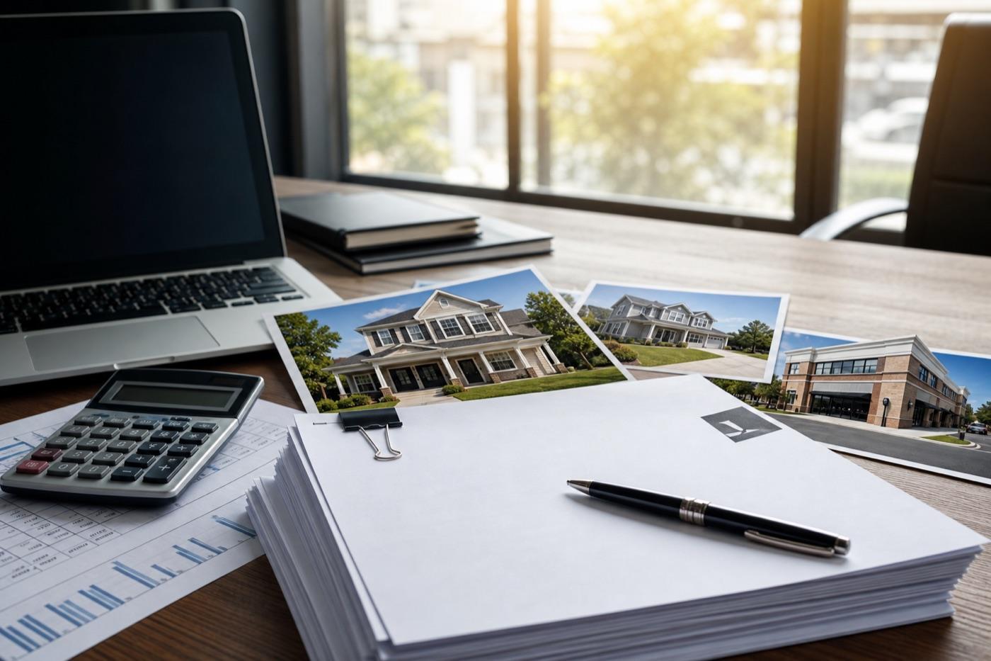 Loan documents, calculator, and property photos prepared for lender review