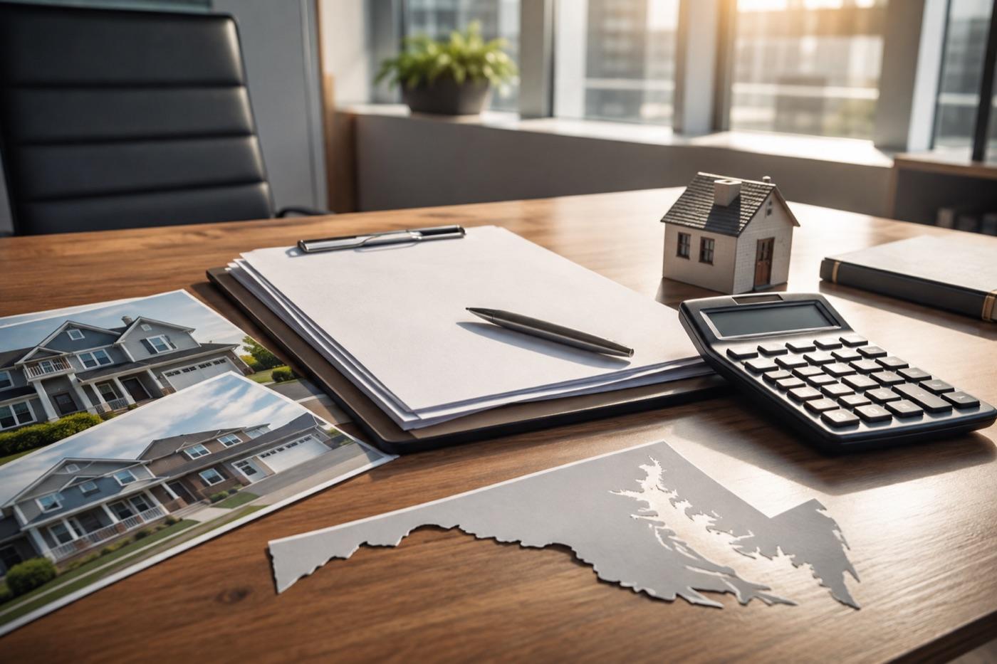 Loan documents, calculator, and property photos prepared for lender review