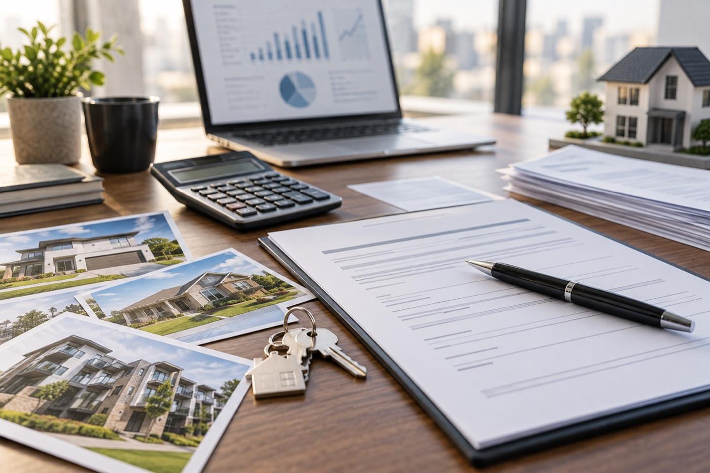 Loan documents, calculator, and property photos prepared for lender review